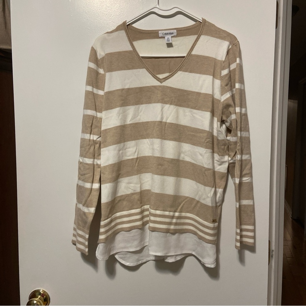 Calvin Klein Womens V Neck Cream And Beige Sweater Sz L